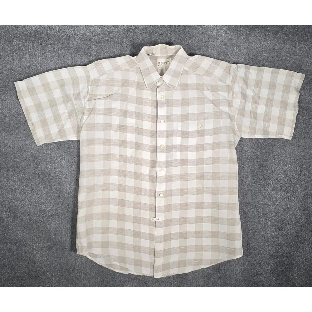 JT Beckett Mens Short Sleeve Linen Blend Plaid Button Up Shirt Tan White Size M